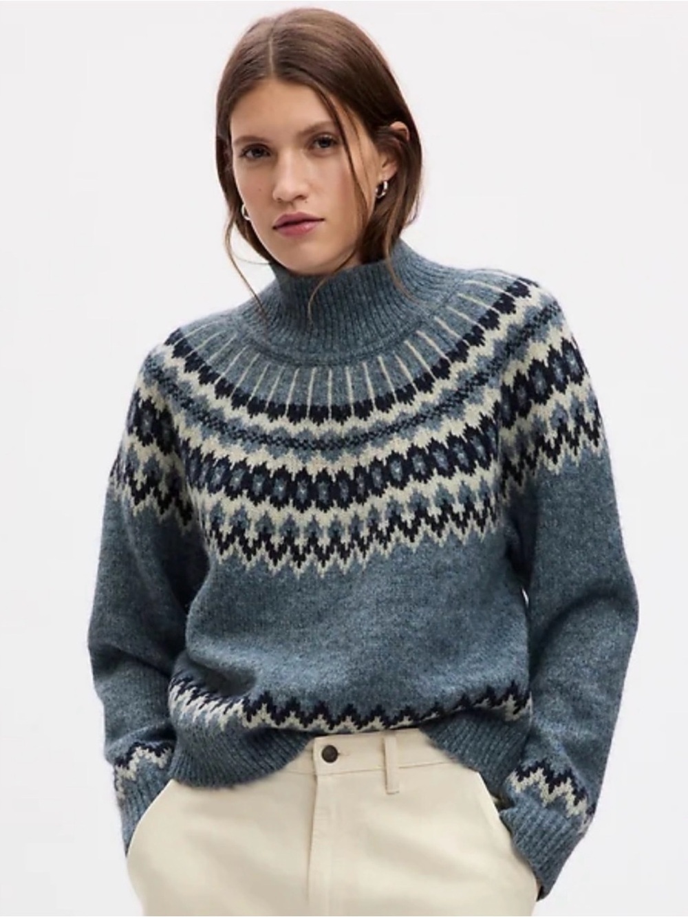 Gap Fair Isle MockNeck Blue White Wool Alpaca Blend Sweater M Boxy Cozy Chunky